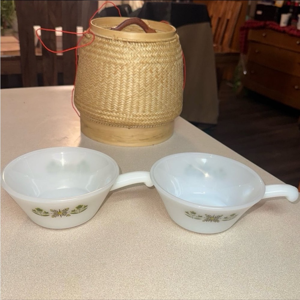 Vintage Fire King "Meadow Green" Milk Glass Handled Soup Bowls | Set of 2 - Picture 5 of 12